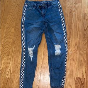 Distressed Checker Board Trim Mom Jeans